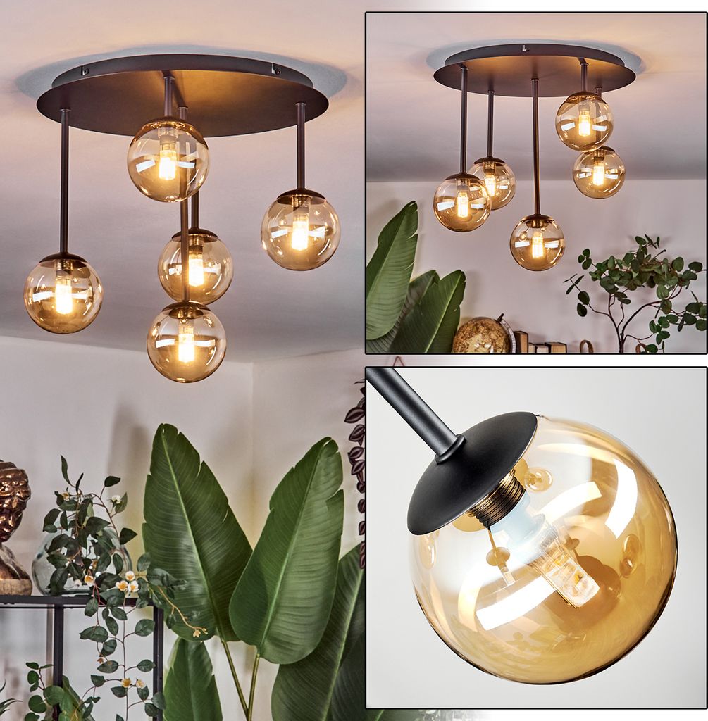Isorella Deckenlampe aus Metall/Glas in Schwarz/Bernsteinfarben