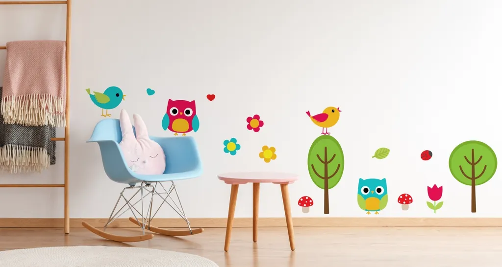 Décoration Murale XXL Autocollante Arbres et Chouettes pour Chambre Bébé