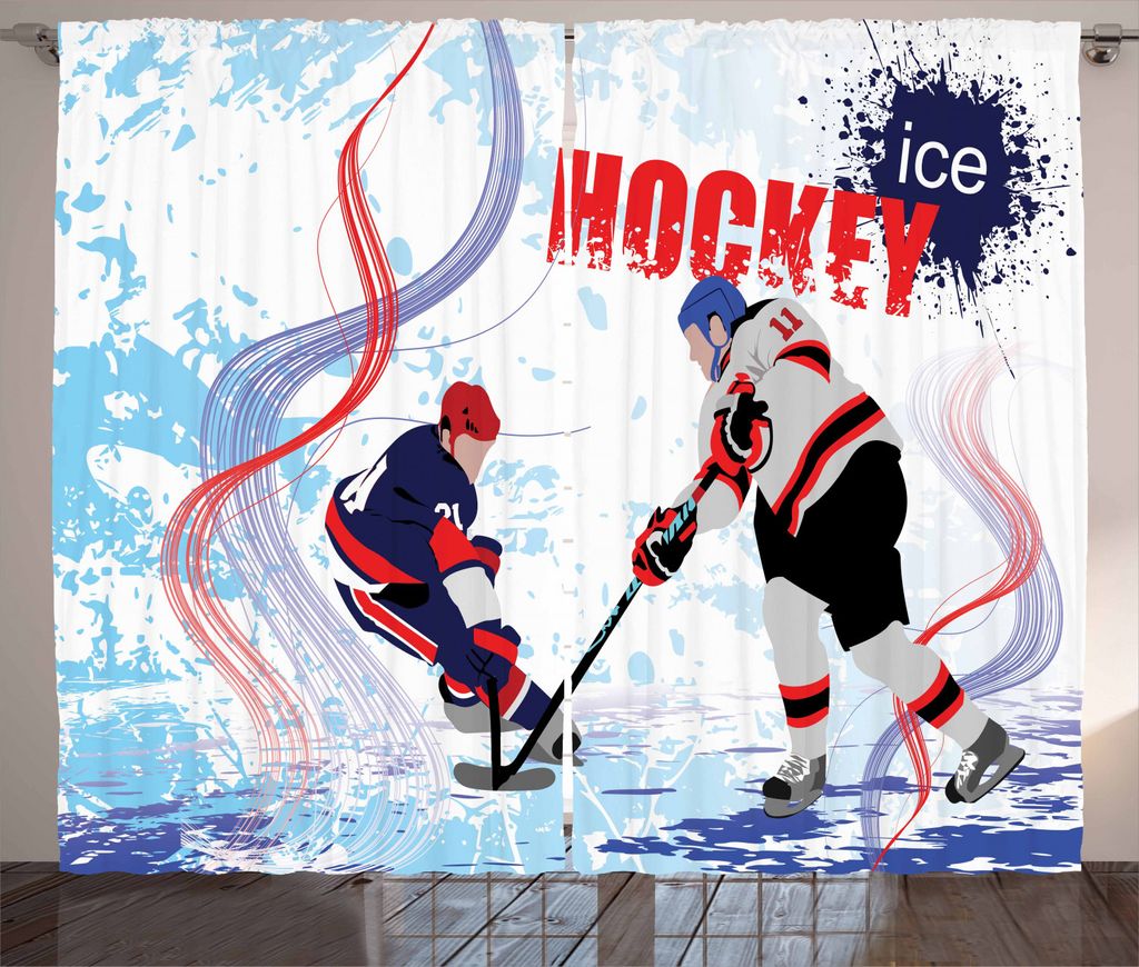 ABAKUHAUS Eishockey Rustikaler Gardine, Spieler auf der Eisbahn, Schlafzimmer Kräuselband Vorhang mit Schlaufen und Haken, 280 x 225 cm, Mehrfarbig