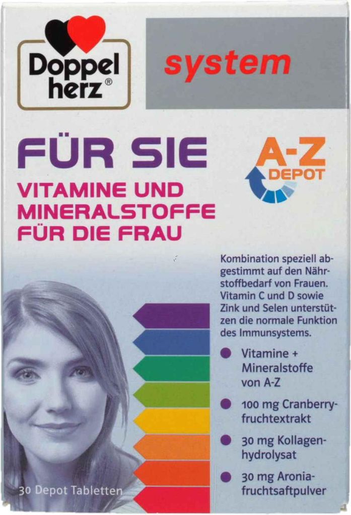 A product box for Doppelherz vitamins and minerals for women, featuring a woman's face and a list of ingredients.