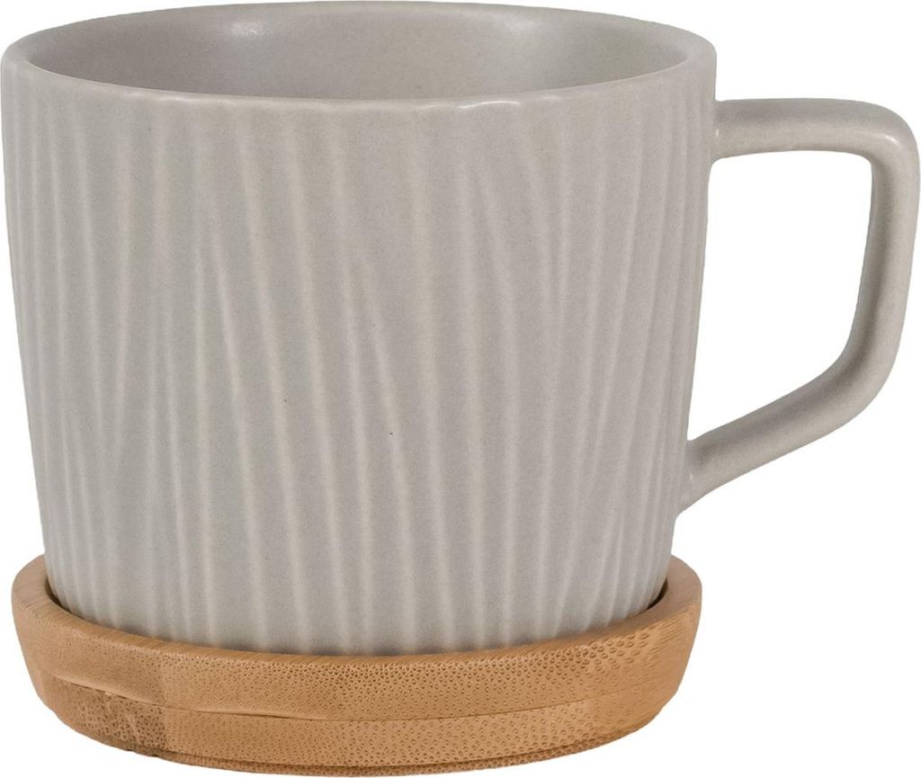 Intirilife Kaffeetasse mit nordischen Rillen Muster in Grau - 230 ml Füllmenge - Teetasse aus Keramik mit Holz Untersetzer