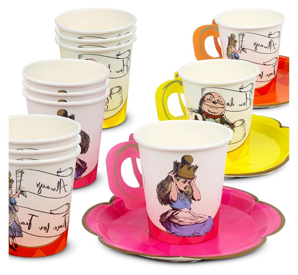 12-teiliges Set aus Tasse und Untertasse, Motiv: Alice im Wunderland, Partyzubehör für den Geburtstag, verrückter Hutmacher, Nachmittagstee
