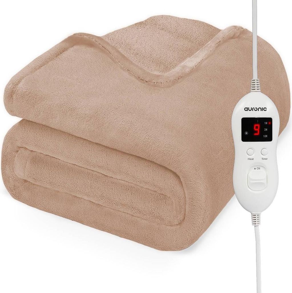 Auronic Elektrische Heizdecke - 200 x 150 cm - 2 Personen Wärmedecke - 9 Wärmestufen - Kuscheldecke - Fleece - Hellbraun