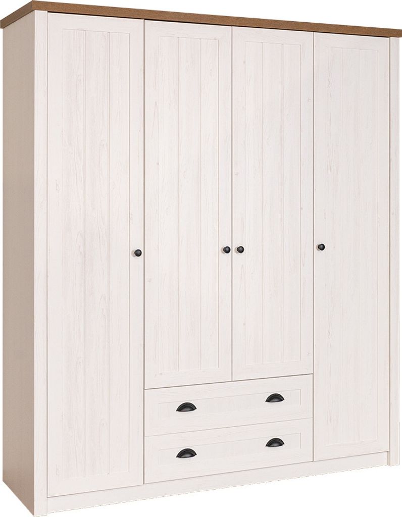 Kleiderschrank | 4 Drehtüren | Keine Schublade | 10 Fächer | mit Kleiderstange | 171 cm breit | Farbe: Weiß