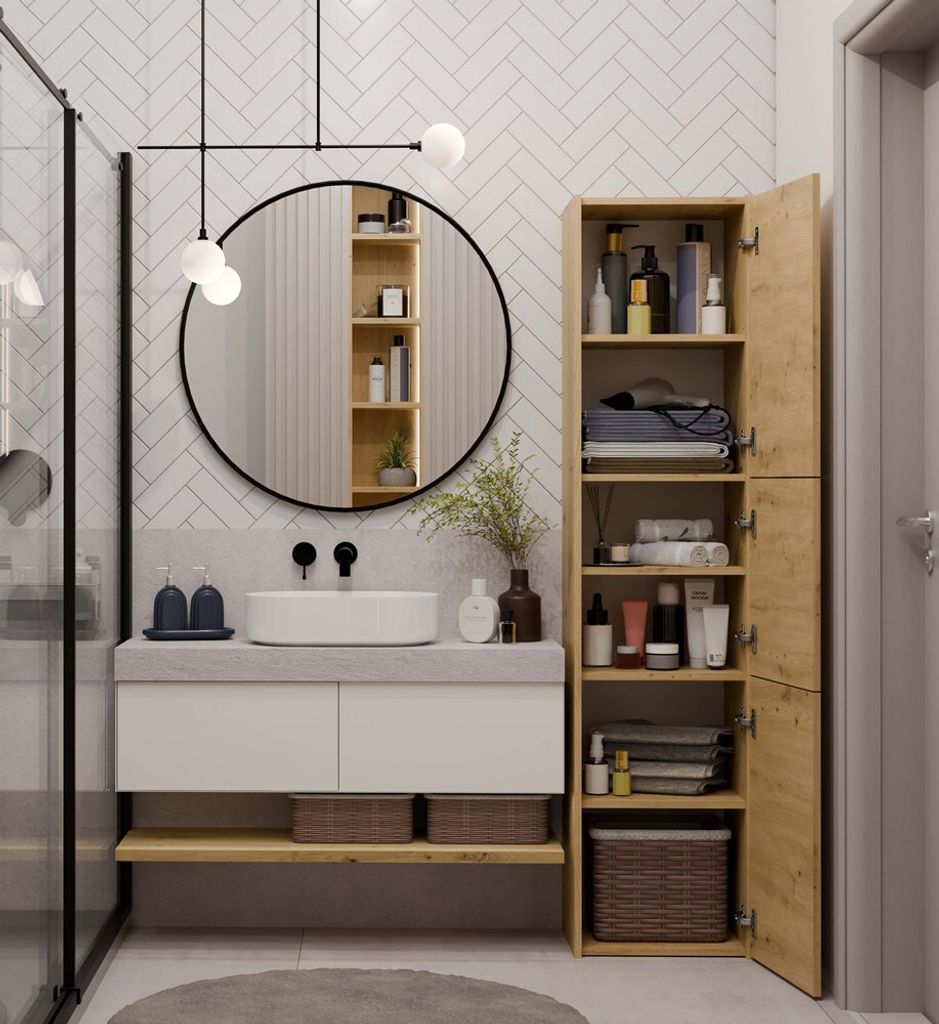Schmaler Schrank für das Badezimmer MARGO – Eiche Artisan Produktbild 4