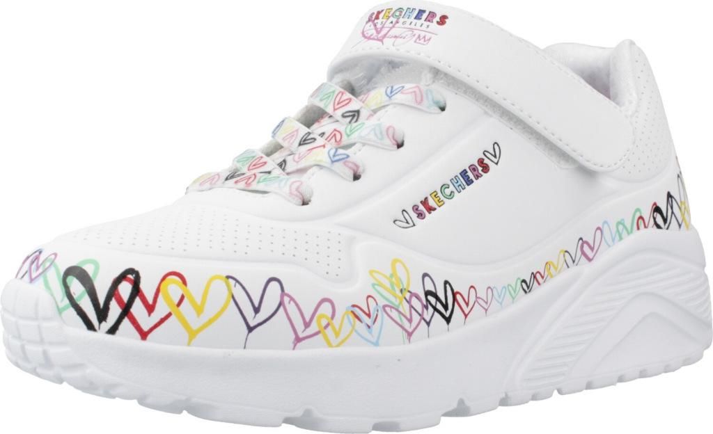 Skechers Kinder-Mädchen-Sneaker-Slipper-Klettschuh UNO LITE - HEART CRAZE Herz-Muster Weiß-Mehrfarbig, Farbe:weiß, EU Größe:37