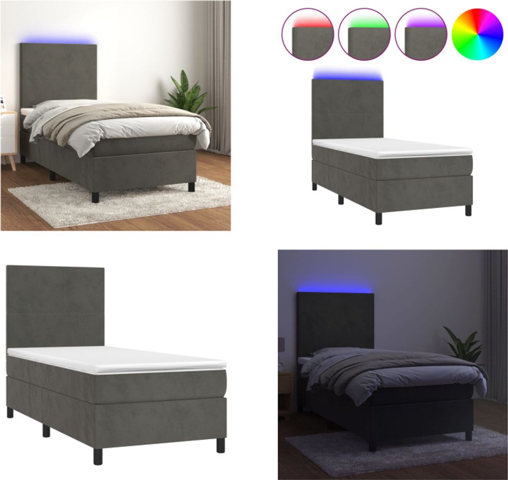 vidaXL Boxspringbett mit Matratze & LED Dunkelgrau 80x200 cm Samt - Boxspringbett - Boxspringbetten - Bett - Schlafzimmermöbel