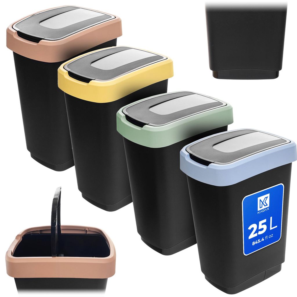 KADAX Mülleimer 25L, 4 Stück, Abfalleimer mit Schwingdeckel, Abfallbehälter aus Kunststoff, Mülltrennsystem für Küche & Büro