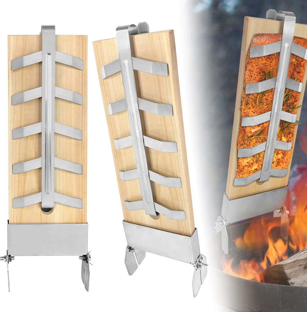 TRMLBE Flammlachsbrett 2X Flammlachsbretter mit Edelstahl-Halterung Lachsbretter 5 Stufen Einstellbar Flammlachs für Feuerschale zum Grillen Outdo...