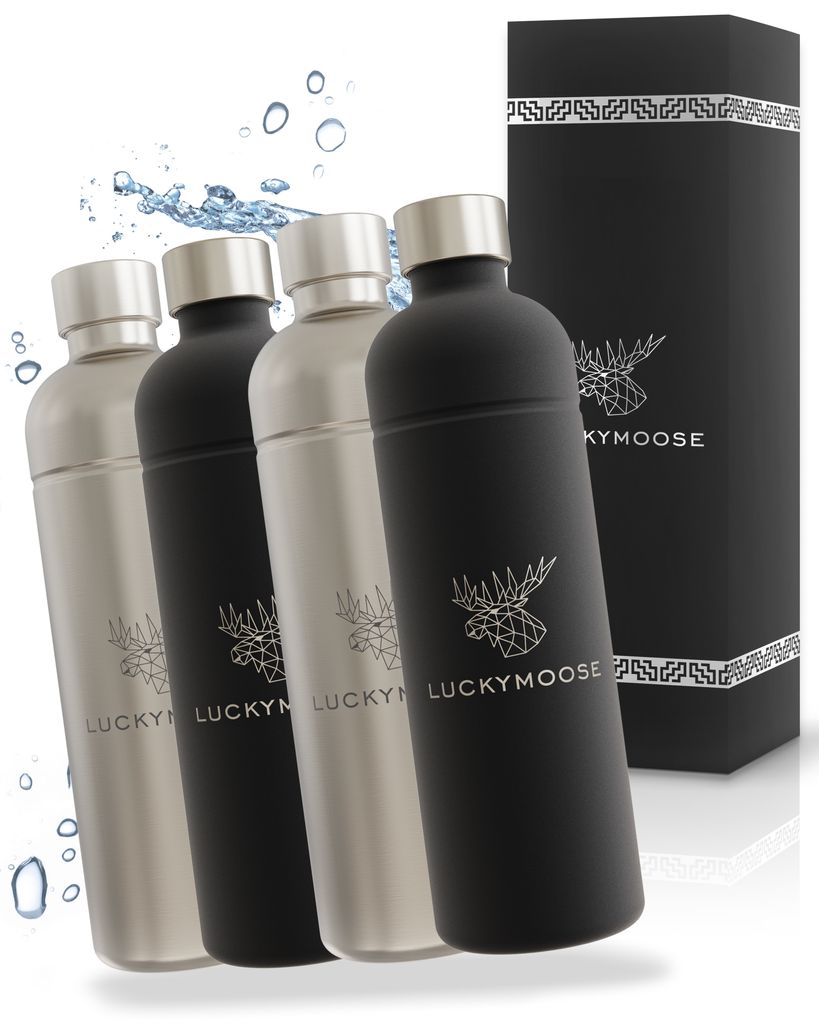 Four water bottles and a product box are arranged diagonally on a white background with water splashes.