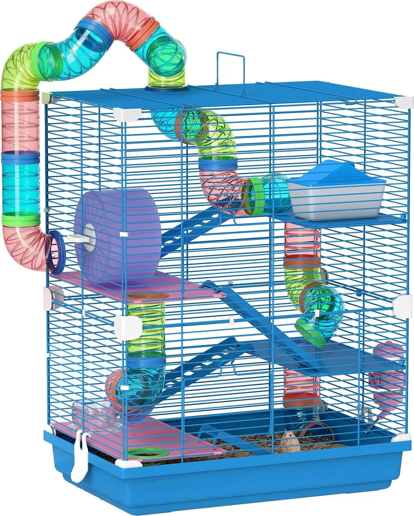 Cage hamster anti-évasion en métal bleu avec tunnel et écuelle d'eau