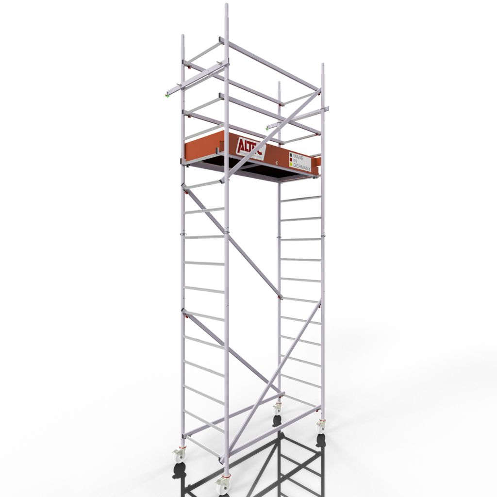 A tall, silver scaffolding tower with an orange platform and black wheels, set against a white background.