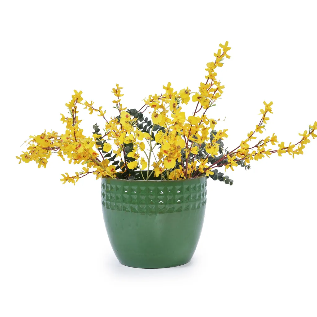 Pots de fleurs respirants en céramique verte faits main - Set de 3 pots - 14