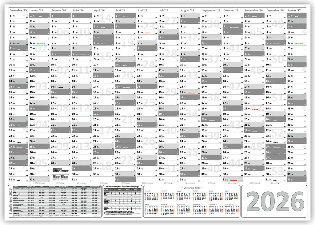 XXL Wandkalender Wandplaner 2026 grau (gerollt) DIN A0 Format (841 x 1189 mm) 14 Monate komplette Jahresvorschau Folgejahr und Ferientermine Feiert...