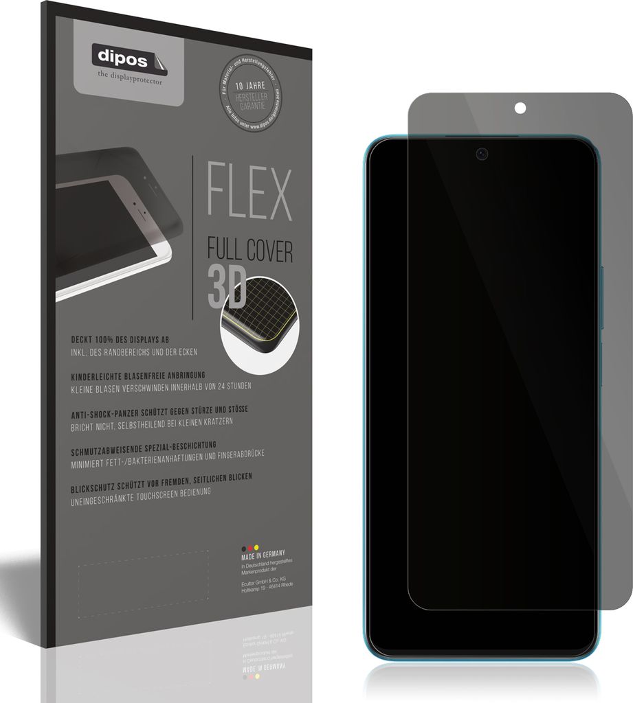 A product packaging for a screen protector is shown next to a smartphone with the screen protector applied.
