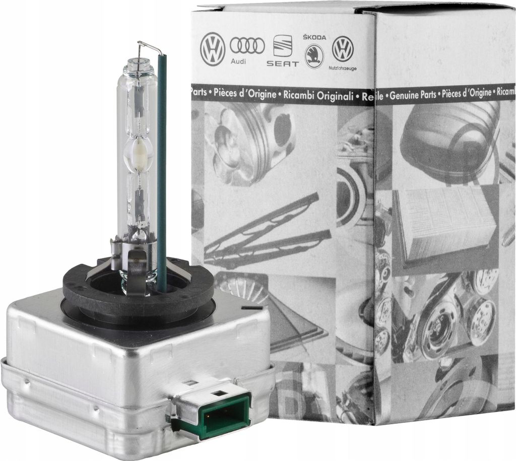 A single car headlight bulb and its packaging are shown against a white background.