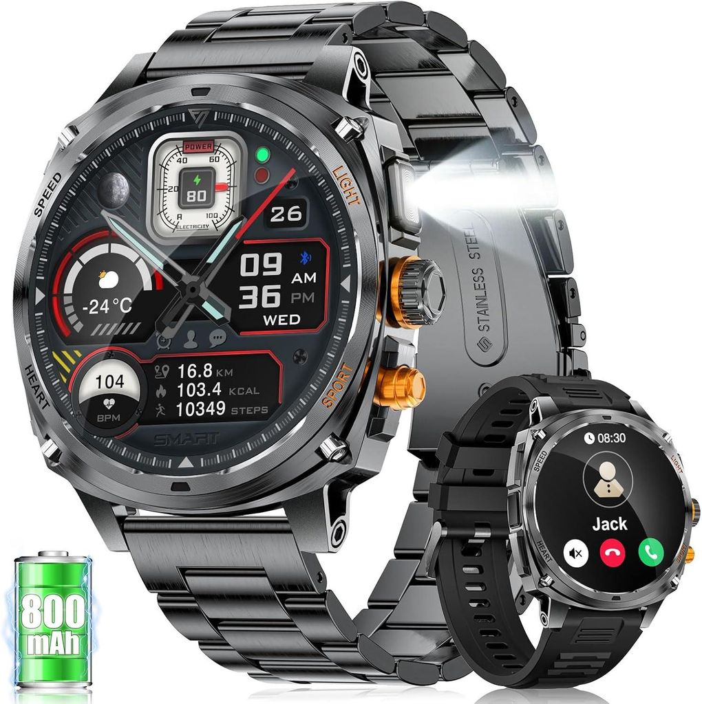 LIGE Smartwatch Herren 1.75 Inch AMOLED Fitnessuhr mit Telefonfunktion LED-Taschenlampe 100+ Sportmodi Herzfrequenz SpO2 Schlafmonitor IP68