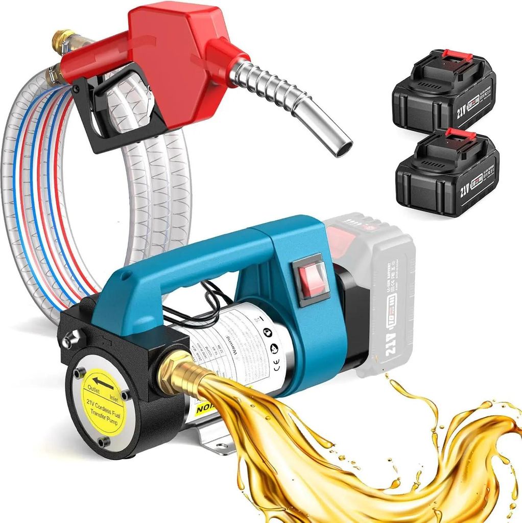 Kraftstoff-Transferpumpe - Kabellose elektrische Ölpumpe - 2× Lithium-Akkus - Wiederaufladbar - Für Diesel/Kerosin/Wasser - EU-Stecker