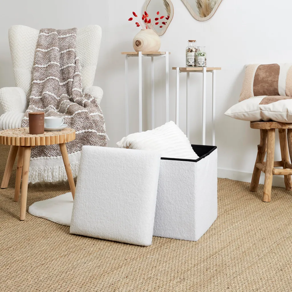 Coffre Pouf Pliable Bouclette Blanc : Banc de Rangement Design 76cm
