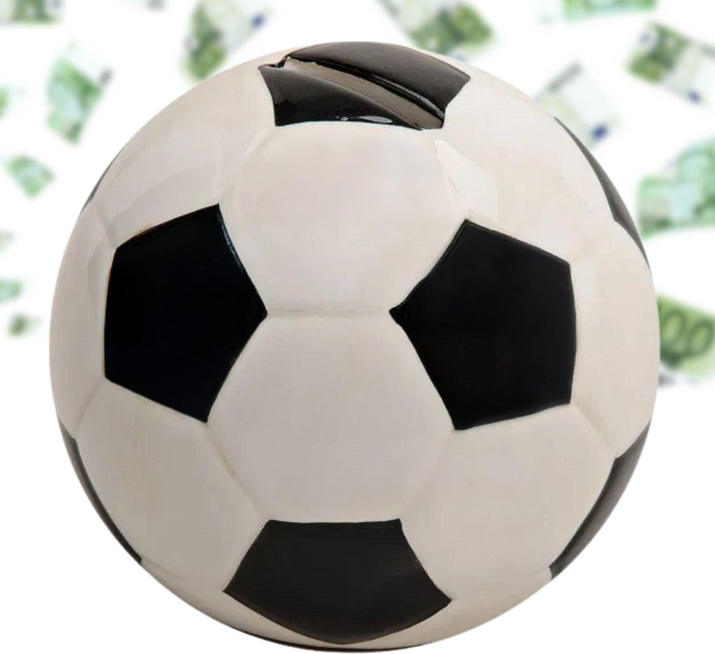 Große Spardose Fussball schwarz weiß 13 cm mit Schlüssel