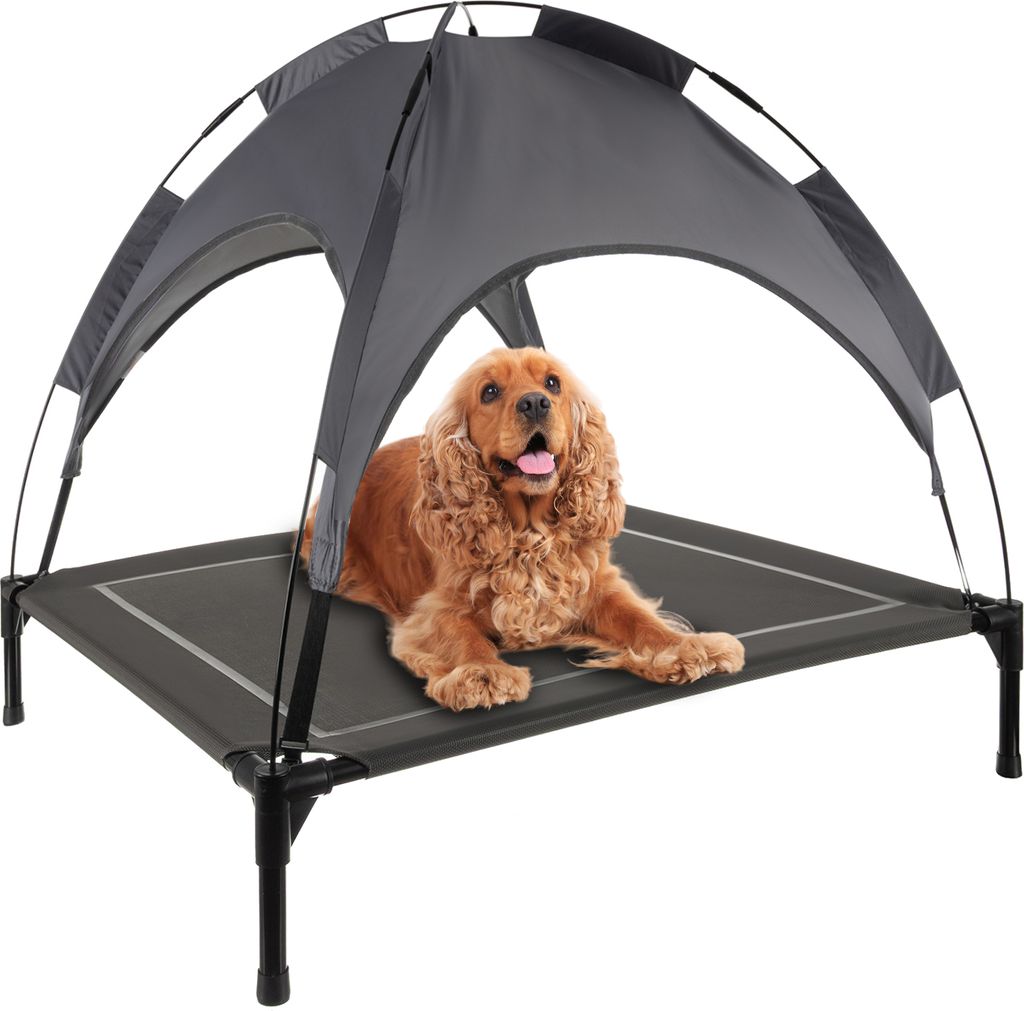 A dog is lying on an elevated pet bed with a canopy.