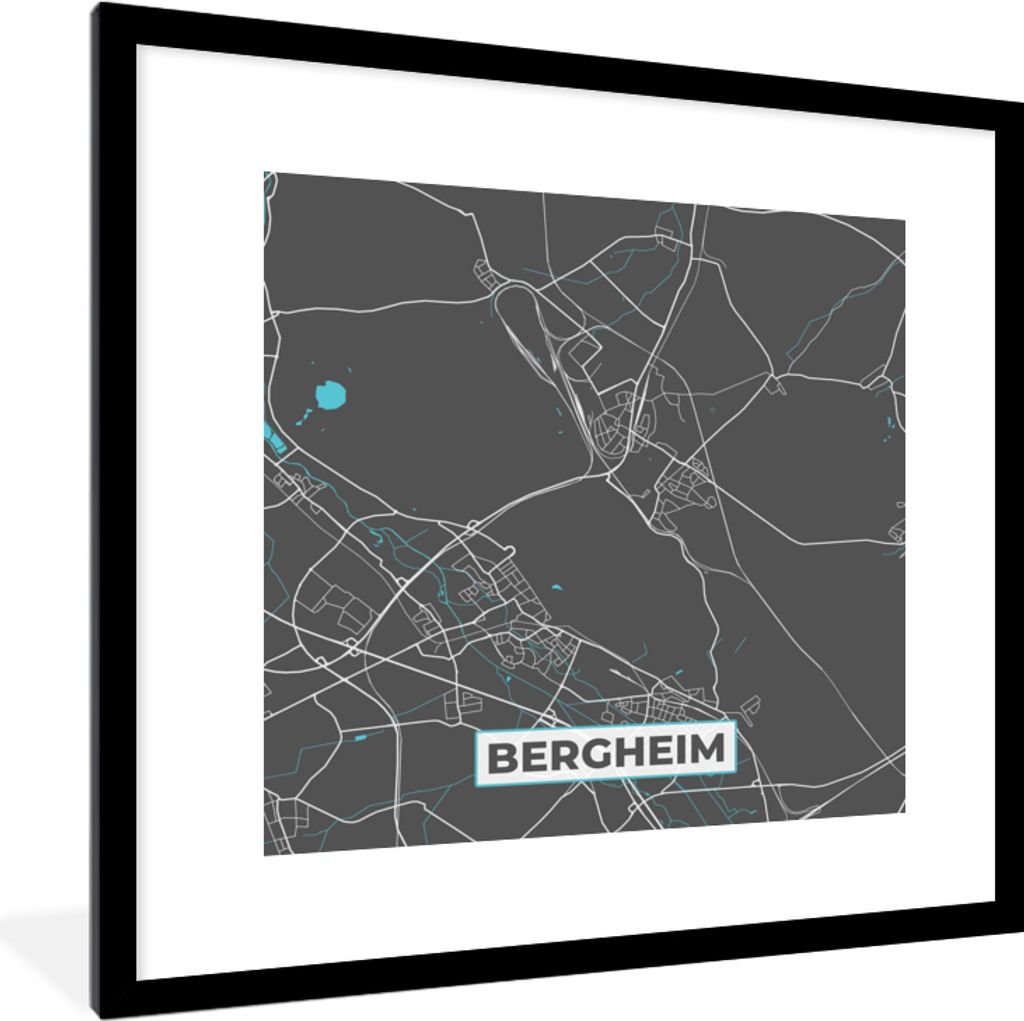 MuchoWow Gerahmtes Poster Stadtplan - Karte von Deutschland - Blau - Bergheim - Karte 40x40 cm - Poster mit Schwarzem Bilderrahmen Wandposter Rah...