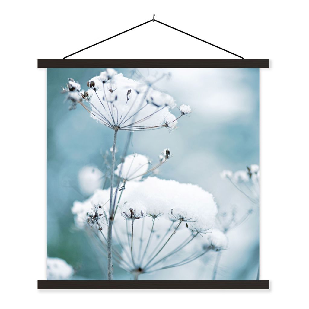 MuchoWow Textilposter Schnee - Blumen - Winter - Zweige 120x120 cm mit schwarzem Rahmen - Aufhängungsset