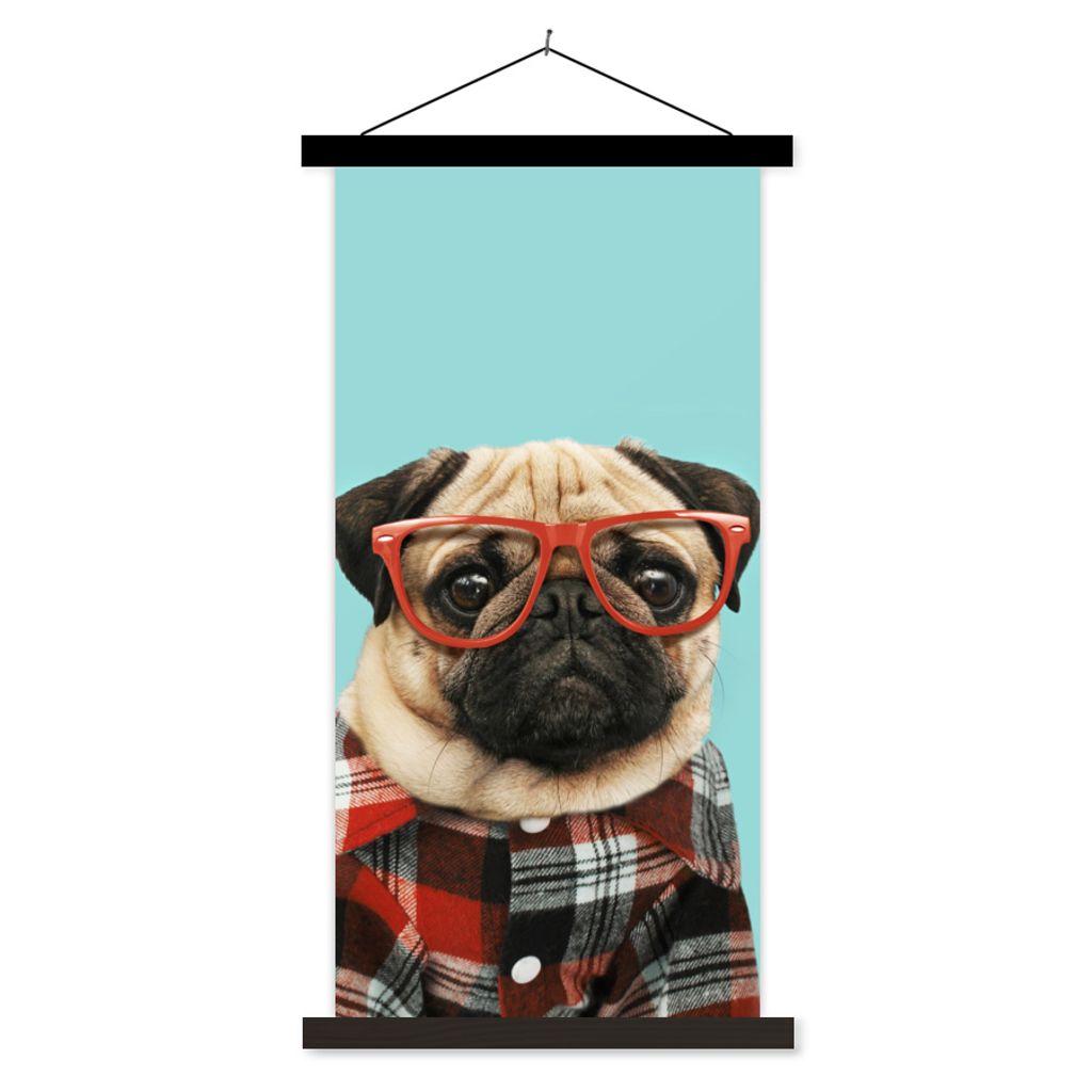 MuchoWow Textilposter Hund - Hipster - Brille - Bluse 60x120 cm mit schwarzem Rahmen - Magnete