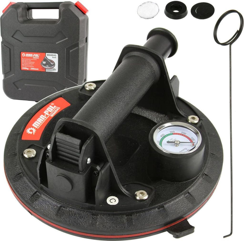 A product shot of a suction cup lifter and its accessories, laid out on a white background.