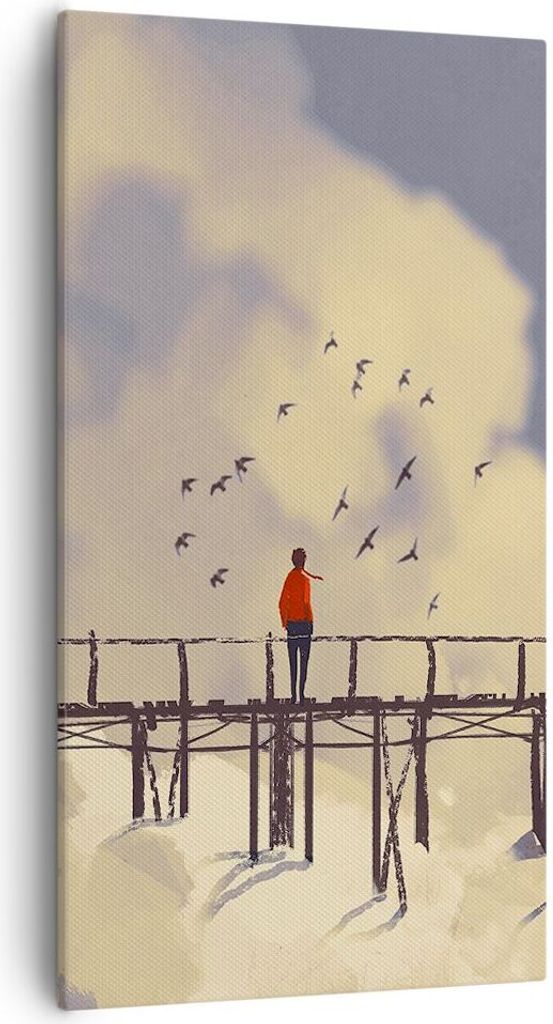 Bild auf Leinwand - Leinwandbild - Wolken Brücke Vögel Landschaft - 55x100cm - Wand Bild - Wanddeko - Leinwanddruck - Bilder - Kunstdruck - Wandd...