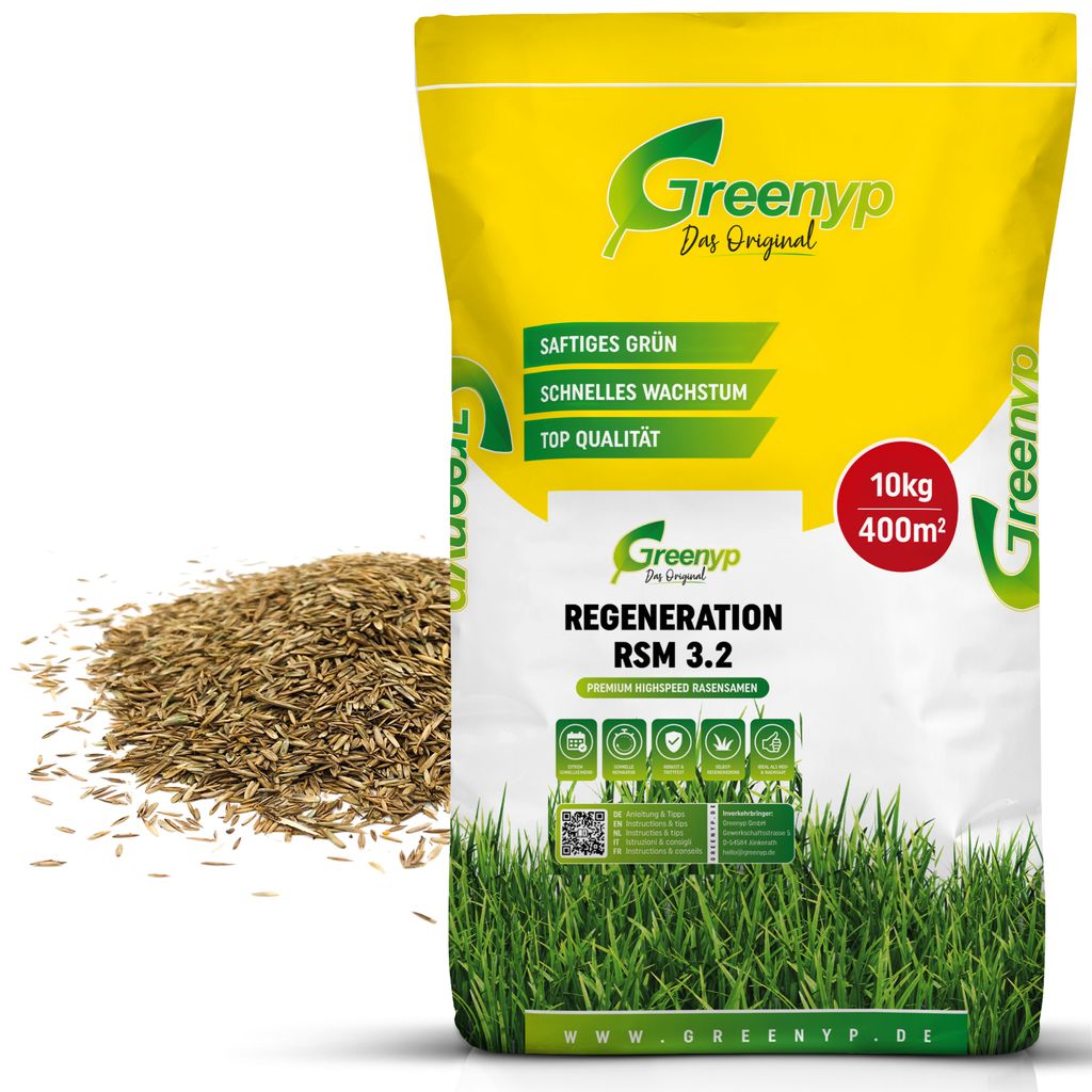 Greenyp Turbo Nachsaat I RSM Rasensamen Nachsaat 3.2 I 10kg für 400m² I Schnellkeimender Rasen I Rasensaat Reparaturrasen Grassamen