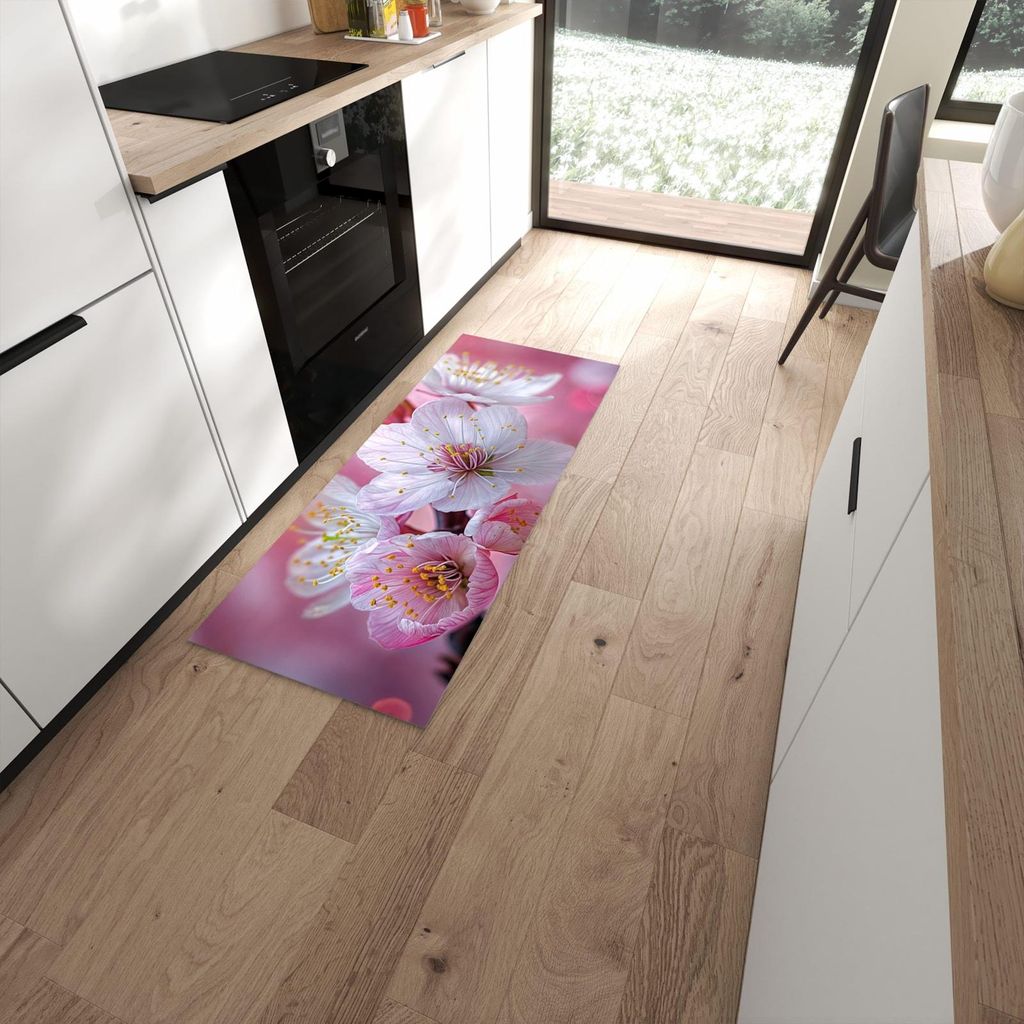 Küchenteppich 60x150cm rutschfest & abwischbar PVC Läufer - Sanfte Kirschblüten