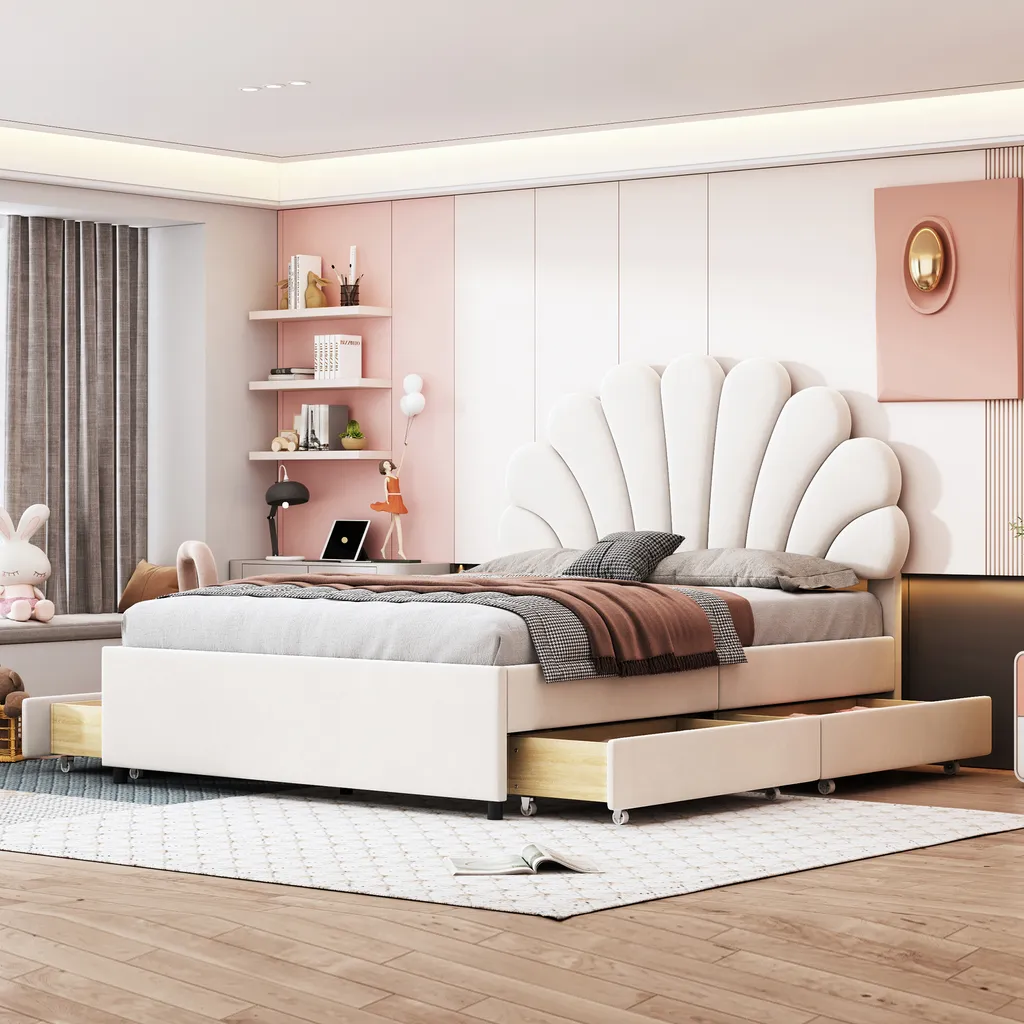 Lit avec rangement OKWISH 140x200 cm - Lit double beige à tête capitonnée