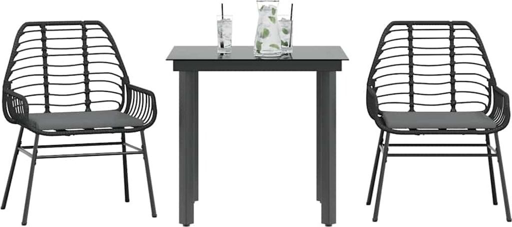 Stabli Möbel Gartenmöbel Set Balkonmöbel-Set 3-tlg. Garten-Essgruppe mit Kissen Schwarz Poly Rattan Glas - Gartenmöbelgarnituren CC7610066 2parcel