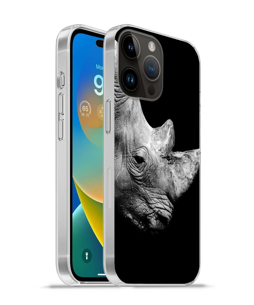 MuchoWow Handyhülle Schutzhülle Hülle für Apple iPhone 14 Pro - Softcase Portrait Nashorn auf schwarzem Hintergrund Silikon Softcase Handy H...