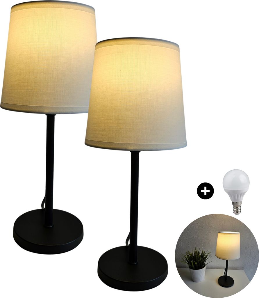 2 Stück Nachttischlampe 2er Set Nachttischlampe modern LED Tischlampe Tischleuchte Nachttischlampen Stoffschirm Schlafzimmer Schwarz / Weiß