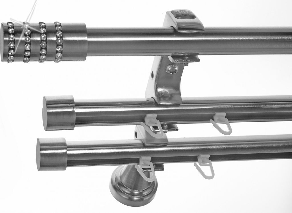 Rohr + 2 x Innenlauf Edelstahl Look Gardinenstange 20mm Wandträger 3-läufig mit Kristall H60 E39E30 RI+ 1x B20I