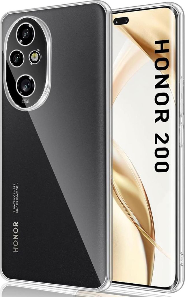 A clear protective case for a smartphone is shown, with the phone inside.
