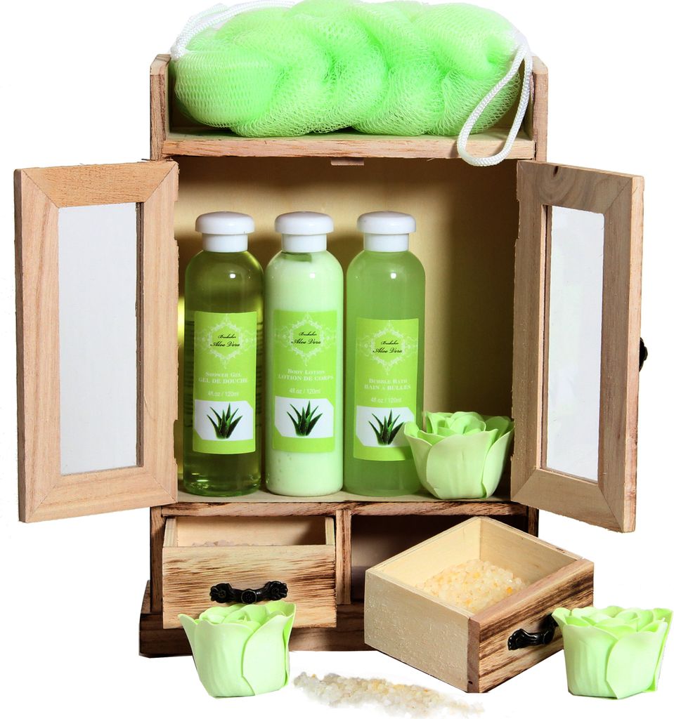 BRUBAKER Cosmetics Bade- und Pflegeset im Holzschrank - Wellness Badeset für Frauen - Damen Geschenkset mit Holz Dekoration, Aloe Vera Duft