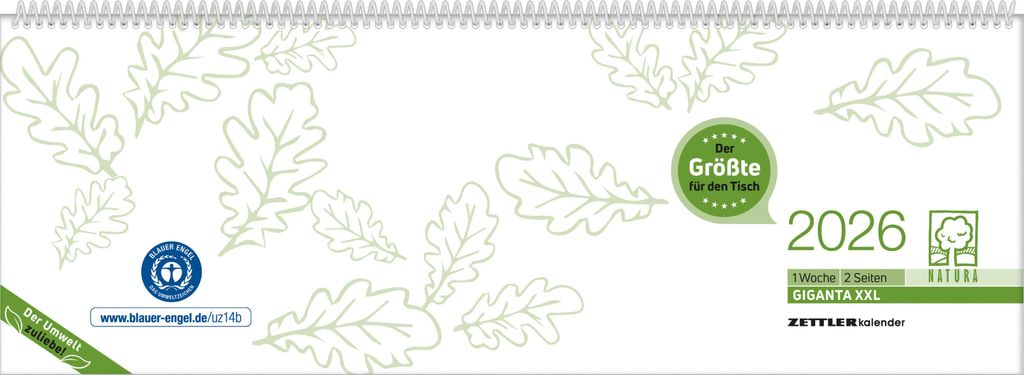 Zettler Tischquerkalender Giganta XXL 1W/2S Blauer Engel 2026 - Bürokalender 42x15 cm aus Recyclingpapier, Blauer Engel , 1 Woche auf 2 Seiten & S...