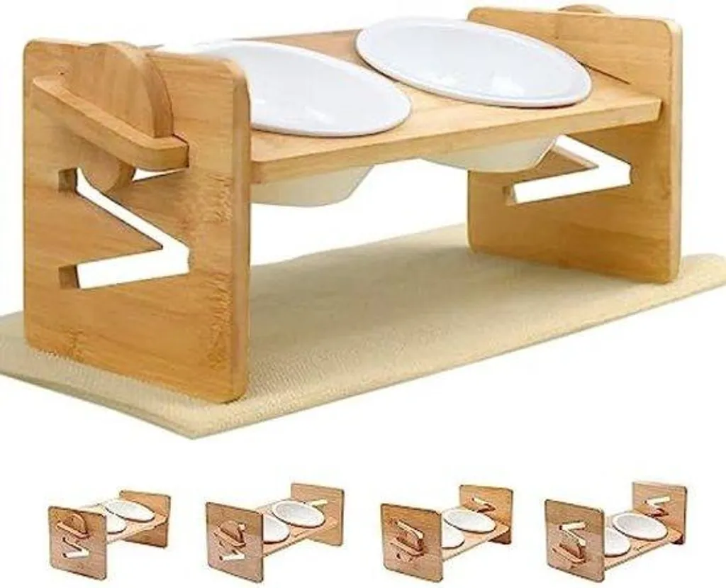 Écuelle surélevée pour chat en céramique blanche et support en bois