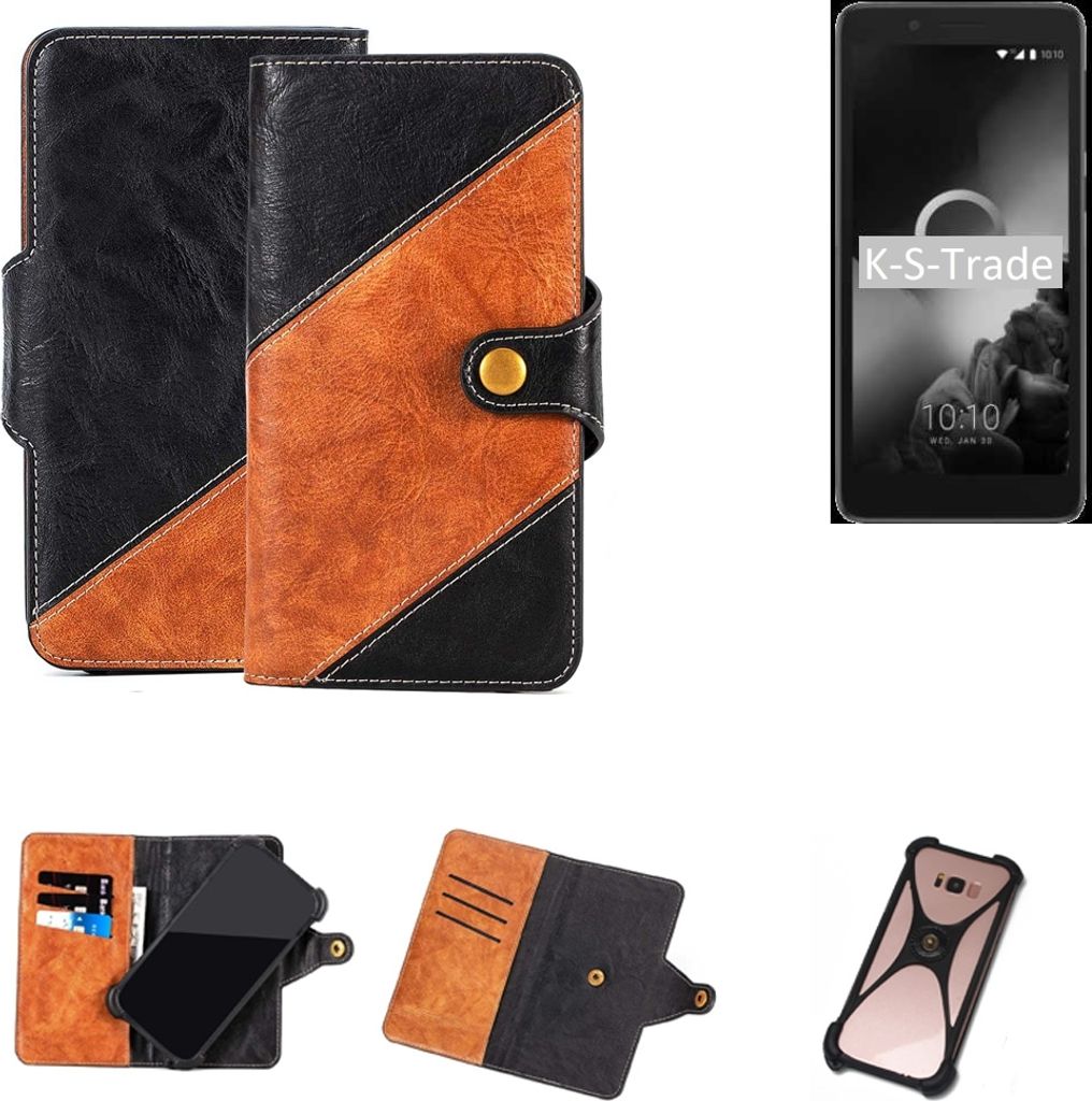 K-S-Trade Handyhülle Schutzhülle Bookstyle Case Wallet-Case kompatibel mit Alcatel 1C (2019) Handy Cover Bumper Klapphülle schwarz hellbraun 1x