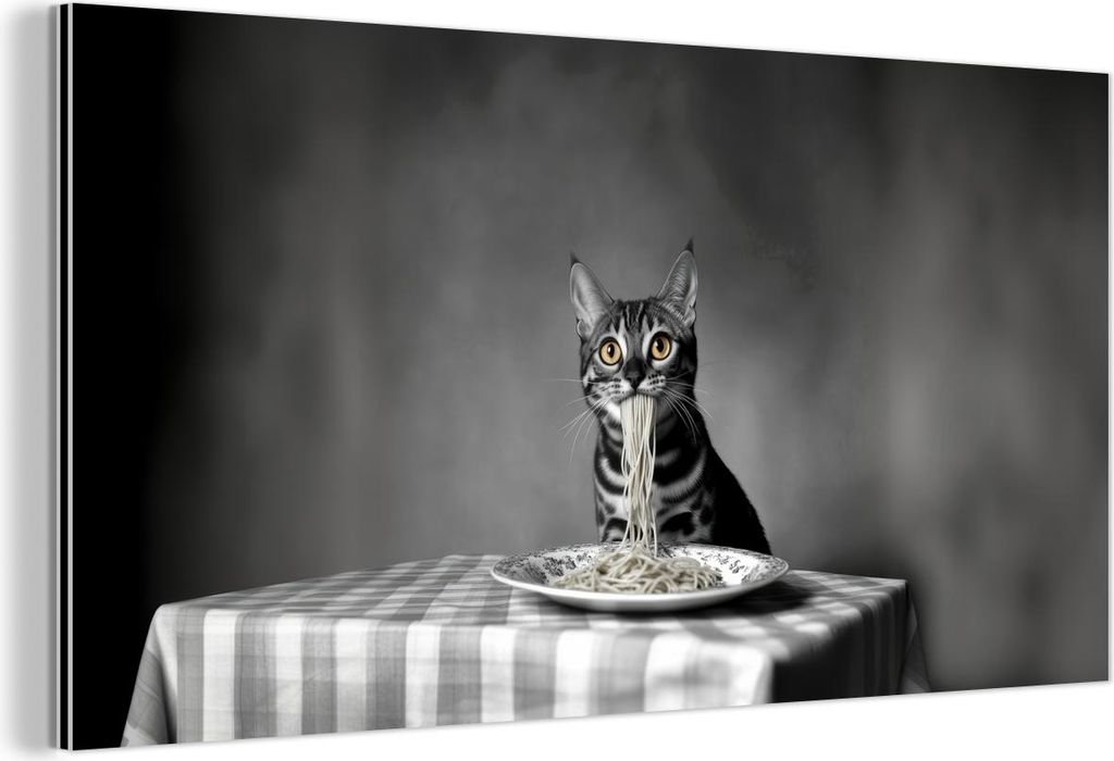 MuchoWow Wanddekoration Metall Metallbild Wandkunst 40x20 cm Bengalisch - Katze - Tischtuch - Schwarz - Weiß - Tier MuchoWow Aluminium Gemälde - ...