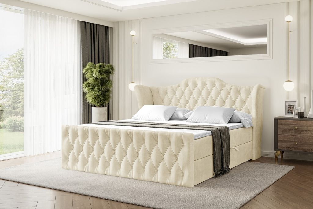 ALTDECOR Boxspringbett VILA-Z, Polsterbett mit Kopfteil, Bettkasten, Fußteil - Hart (H4) Matratze - 120x200 - Beige Samt