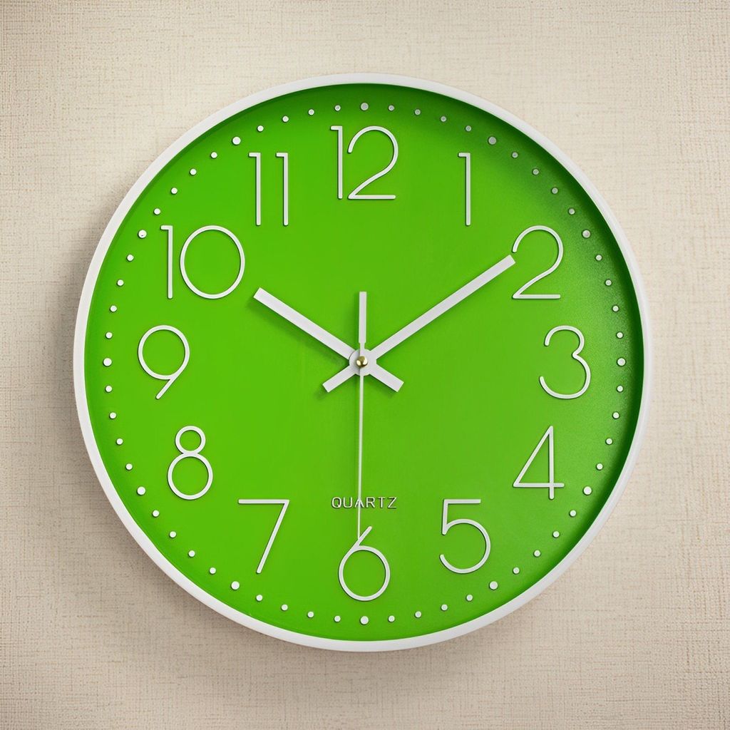 A green wall clock with white numbers and hands is shown against a textured light beige wall.