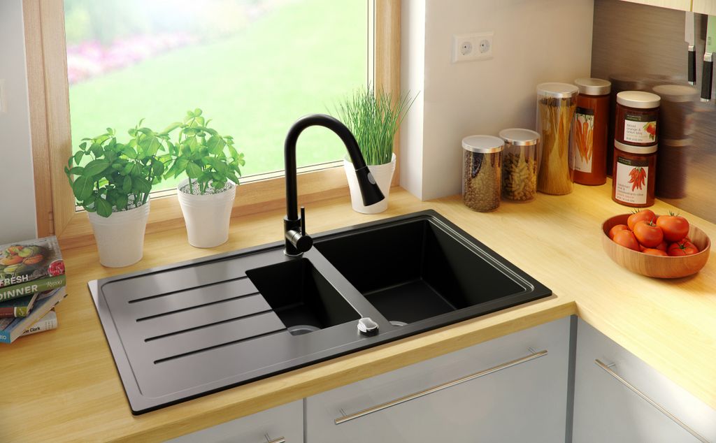 Granitspüle Schwarz 90 x 50 cm, Spülbecken + Ablauf-Set, Produktbild 7