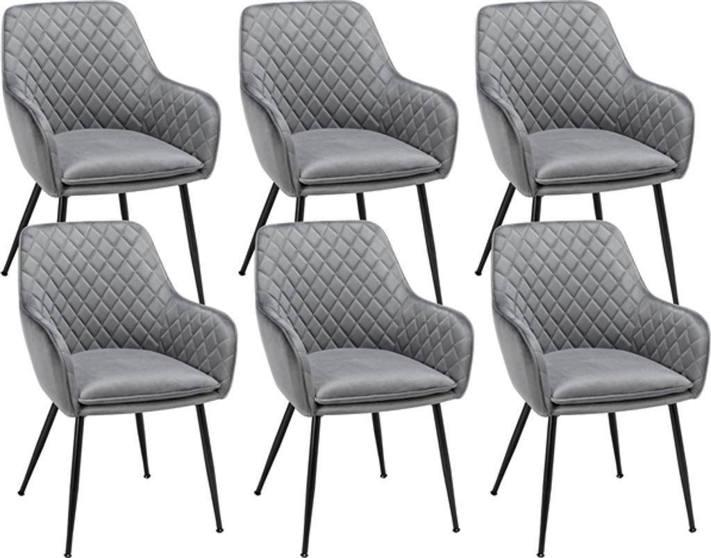 A set of six gray upholstered dining chairs with diamond tufting and black metal legs are arranged in a grid formation against a white background.