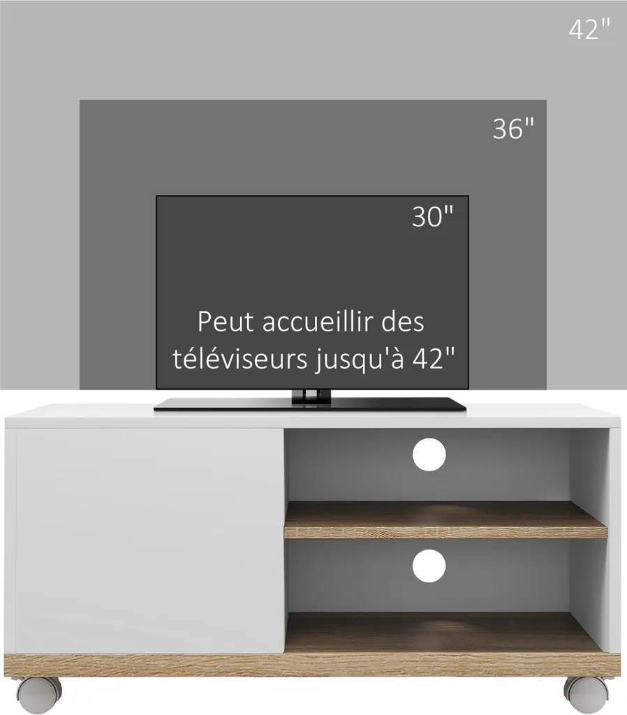 Meuble TV Scandinave à Roulettes - Support Vidéo avec 2 Passe-câbles - 3