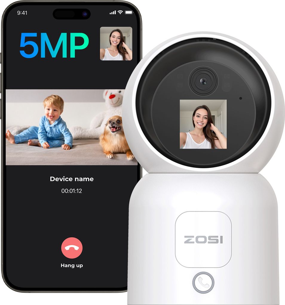 ZOSI 5MP Innen WLAN Überwachungskamera mit 1,44" Display, 2-Wege-Videoanruf, Taste/OK-Geste zum Anruf, 2,4/5Ghz WiFi, KI Personenerkennung, C519M