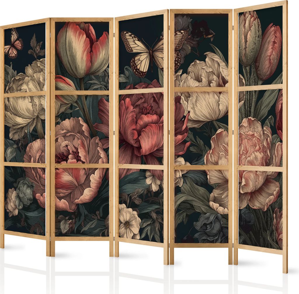A five-panel room divider with a floral illustration.
